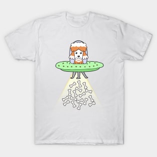 Funny brown dog is flying a ufo T-Shirt